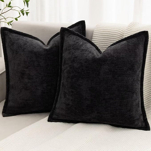 Black Decorative Throw Pillow Covers 16x16 Inch Set of 2 Cozy Soild Chenille Cushion Cases Soft Textured Square Couch Pillows Cover Boho Accent Farmhouse Pillowcases for Sofa Bed