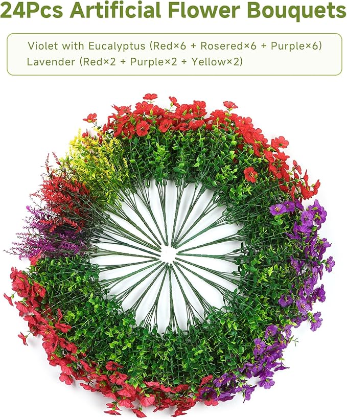 SHareconn 24 Bundles Artificial Flowers for Outdoors Decoration, Faux Plants Fake Silk Colorful Daisy Eucalyptus Lavender, UV Resistant for Outside Planters Home Porch Patio Indoor Spring,Mix 3 Colors