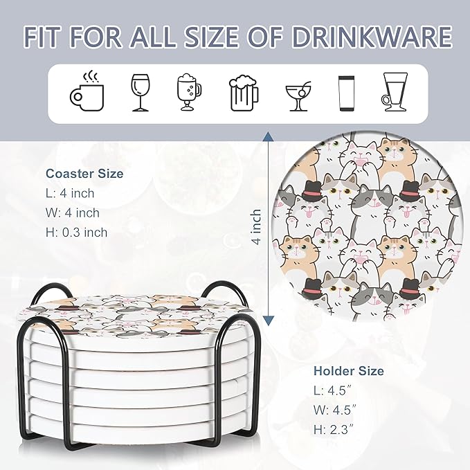 Drink Coasters Set of 6 with Holder, Cute Cats Absorbent Ceramic Coasters with Cork Base,Fit All Cups,Great Gift for Housewarming,Room Decor,Bar,Holiday Party