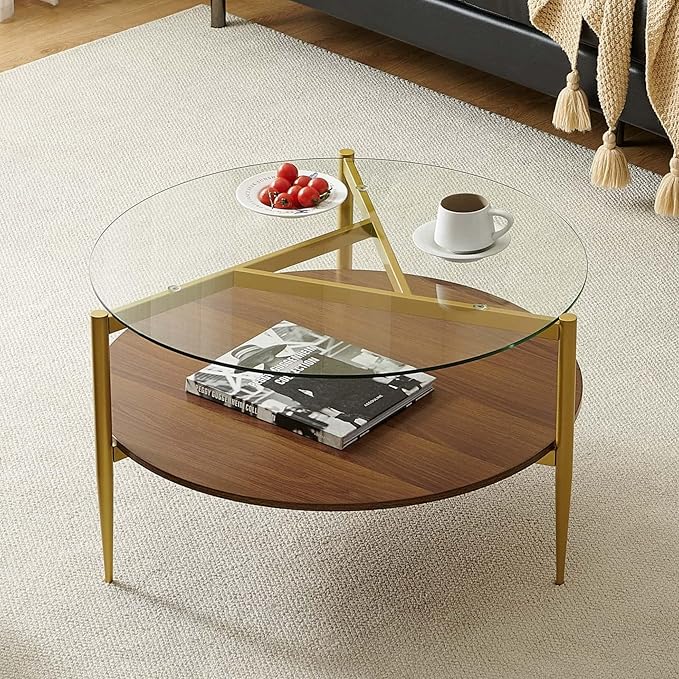 Round Coffee Table, Mid-Century Modern Design, D30*H17 inch, for Living Room, 2-Tier Structure, Clear Glass Top and Walnut MDF Shelf, Sleek Conical Metal Legs with Gold Finish
