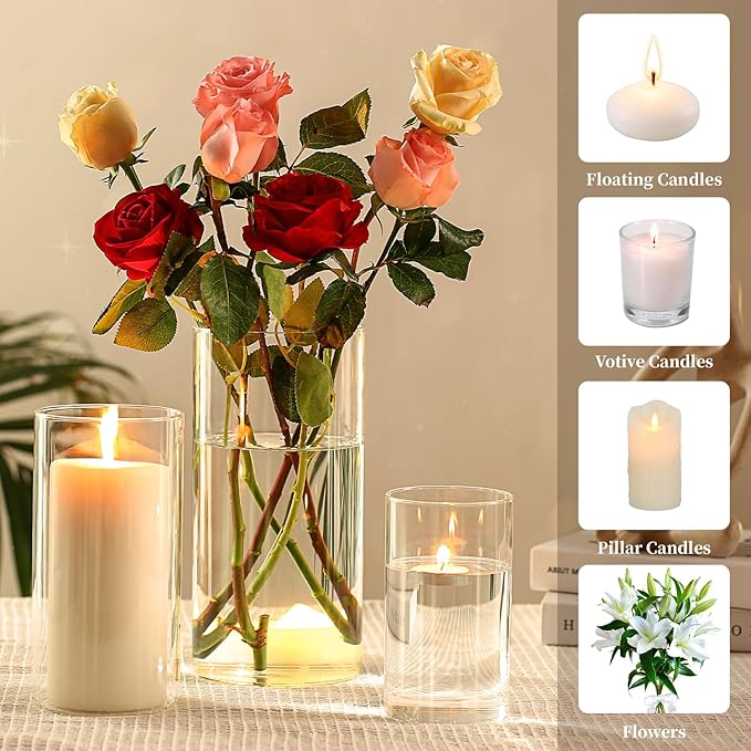 PHOSPHOR Hurricand Candle Holder 24 PCS, Glass Pillar Candle Holder, Clear Glass Cylinder Candleholder Glass Cylinder Vase for Centerpieces Wedding Party Decoration