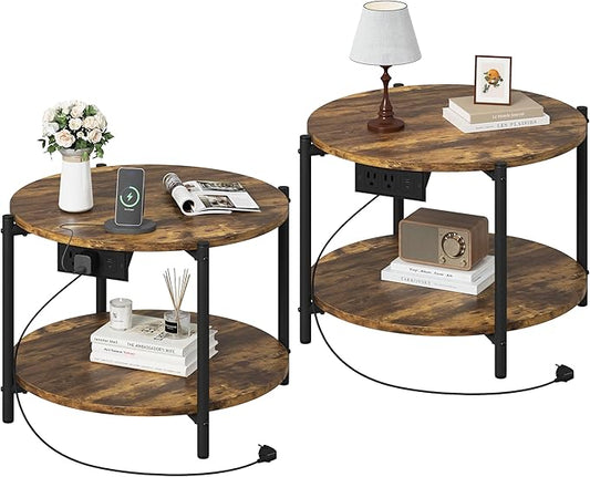 LIKIMIO Round Side Table Set of 2, 23.6" W End Table with Charging Station, Modern Wooden Nightstand for Small Spaces, Living Room, Bedroom, Rustic Brown