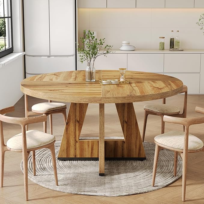 LITTLE TREE Round Dining Table for 4-6 People, 47 Inches with Wooden Pedestal Base, Modern Dinner Table for Dining Room, Kitchen, Living Room