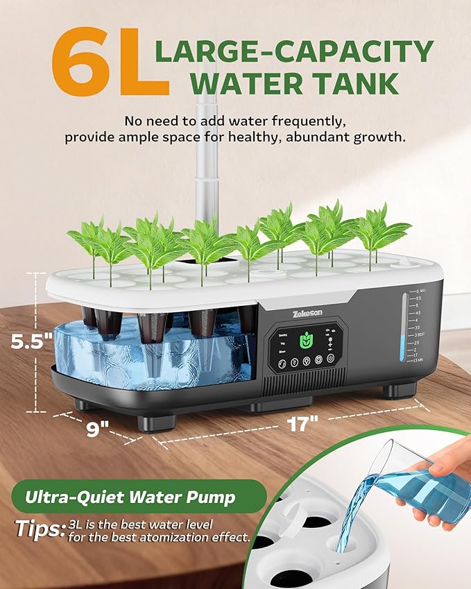 Misting Hydroponic Growing System Kit 15-Pods Indoor Smart Herb Garden Planter with LCD Touch Panel 6L Large Tank for Herb/Vegetables/Flowers/Fruits,Birthday&Christmas Gifts for Gardening Beginners