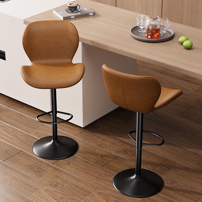 Nalupatio Swivel Bar Stools Set of 2,PU Leather Upholstered Barstools with Back & Footrest, Seat Adjustable Height 22.2-31IN Counter Height Bar Chairs for Bar Kitchen Island,Whiskey Brown
