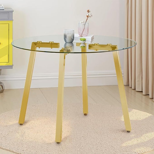 Round Dining Table for 4 Modern 36" Round Glass Dining Table Kitchen Table with Glass Tabletop and Metal Legs for Dining Room and Kitchen, Gold