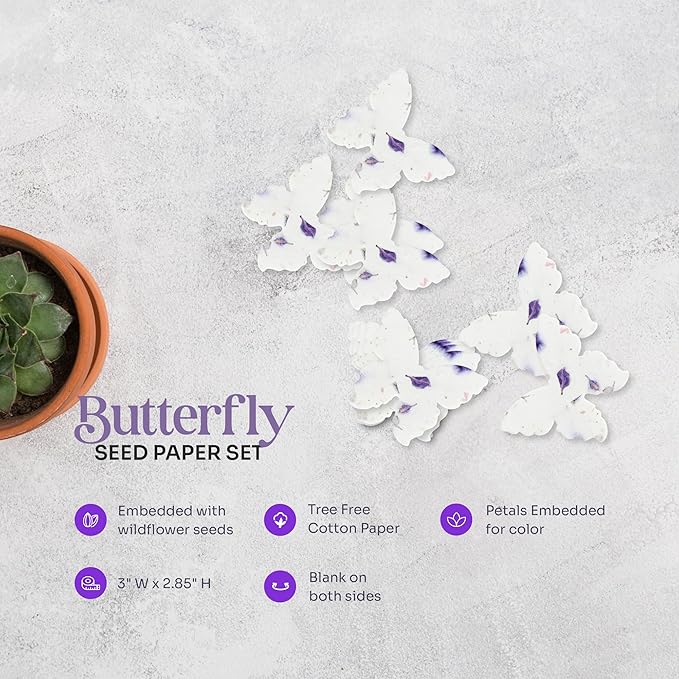 Set of 24 Purple Butterfly – Plantable Seed Paper Embedded with Wildflower Seeds for Bridal Shower, Wedding Gift, Birthday, & Other Milestone Celebrations