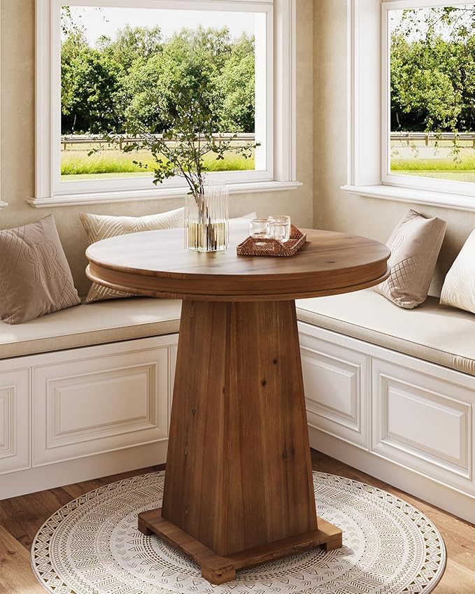 LITTLE TREE Solid Wood Round Dining Table, 31.5" Small Kitchen Table for 2, Modern Farmhouse Dinner Table for Dining Room, Kitchen, Living Room, Artistic Geometric Base (Rustic Brown)