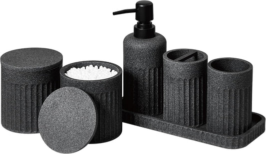 Bathroom Accessory Set - 6 Pieces Bathroom Accessories Set Complete with Soap Dispenser, Toothbrush Holder, Tumbler, Vanity Tray and 2 Qtip Holder for Home Organizer and Decor, Dark Grey