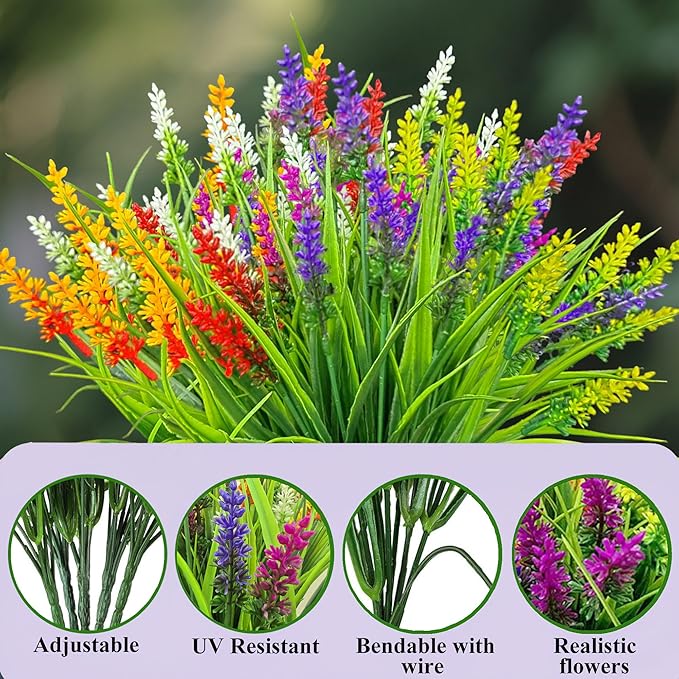 Realistic Artificial Flowers and Plants for Outdoors-24 Bundles Bulk Plastic Flowers, Colorful Faux Lavender Monkey Grass,UV Resistant Fake Plants for Outside,Porch,Window Box,Summer Decor(Mixed)