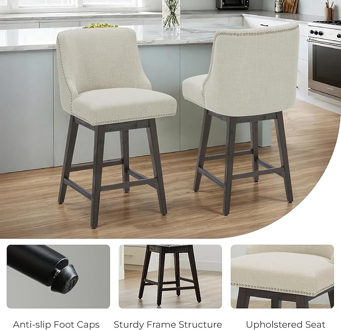 CHITA Counter Height Swivel Bar Stools Set of 4, FSC Certified Upholstered Counter Stools, Modern Swivel Barstools with Wood Legs for Kitchen Island, 26" Seat Height, Fabric in Linen