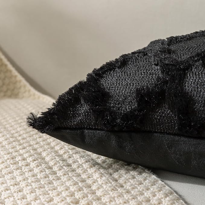 Set of 2 Soft Moroccan Throw Pillow Covers 22x22 Inch Plush Boho Decorative Pillow Cover Accent Cushion Case for Couch Sofa Bed, Black