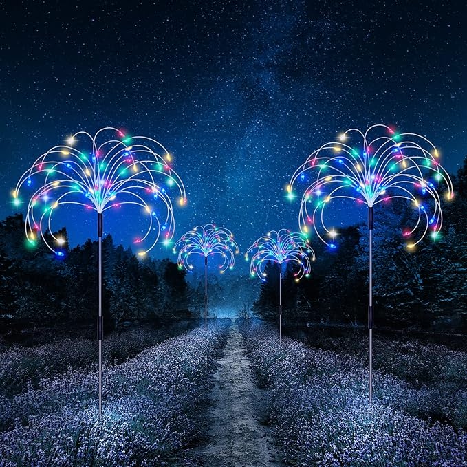 Solar Garden Lights, Outdoor Firework Lights, 5 Pack 120 LED Decorative Stake with Remote, 8 Modes DIY Landscape Light Waterproof Lamps for Walkway Pathway Backyard Lawn(Colorful)