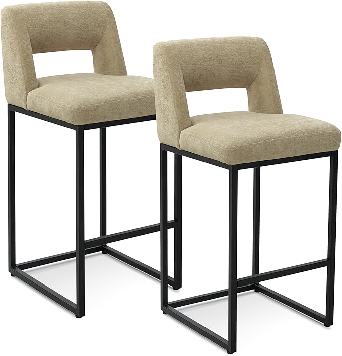 Counter Height Bar Stools Set of 2 for Kitchen Counter Modern Bar Chairs with Backs for Kitchen Island with Upholstered Fabric Seat and Metal Frame, Khaki, 26 Inch