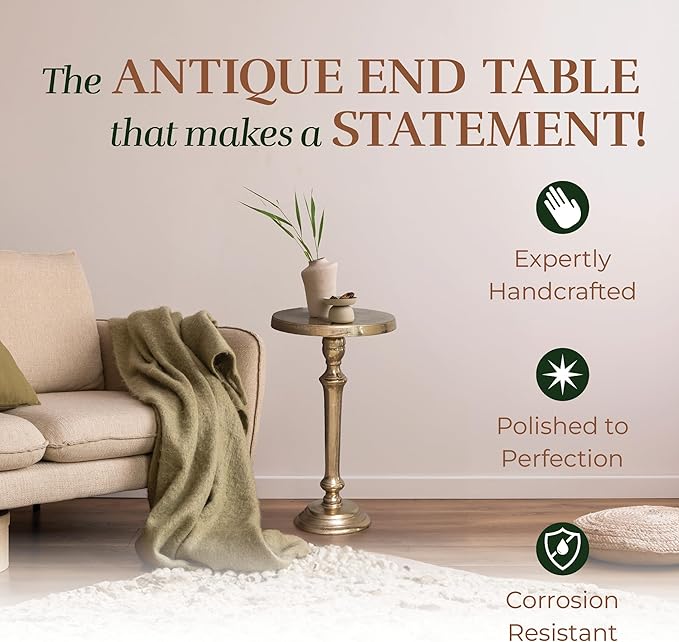 OBJET D'ART Small Round Gold End Tables, Portree, 21'' Height, Vintage Metal Accent, Side, Pedestal, Coctail and Drink Tables for Living Room and Small Spaces