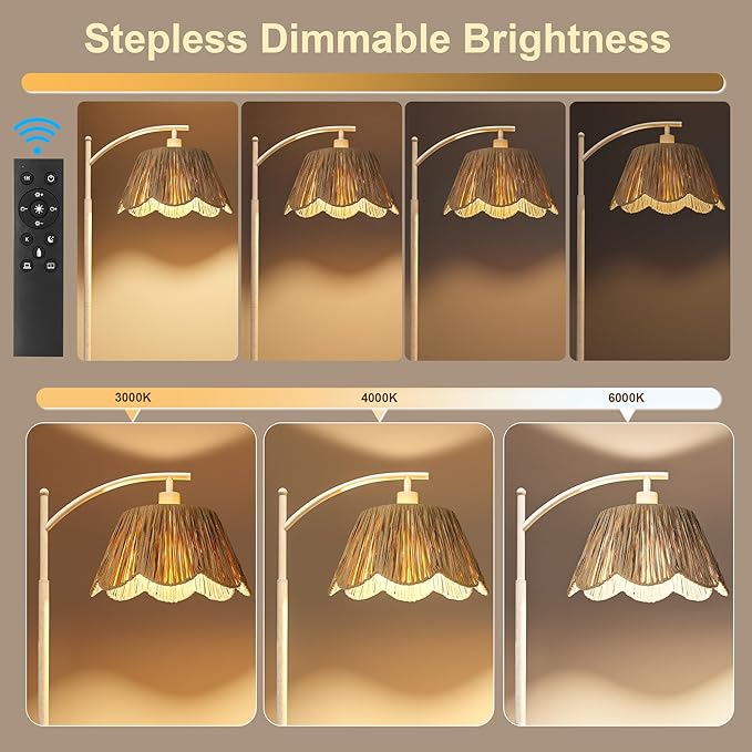 Oneach Rattan Floor Lamp for Living Room with 3 Color Temperatures, Boho Floor Lamp for Bedroom with Remote & Dimmable Bulb, Farmhouse Standing Lamp for Reading, Antique White