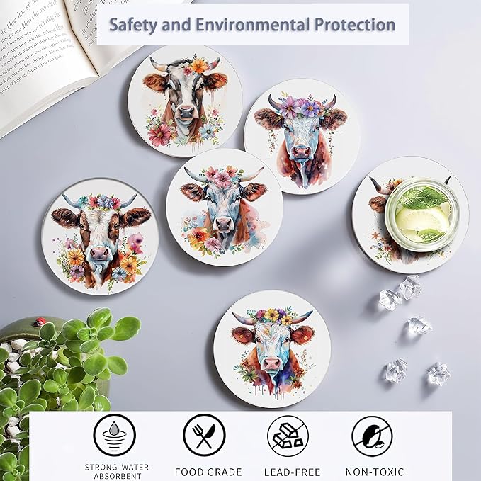 6 Pcs Coasters for Drinks with Holder, Highland Cows Flowers Absorbent Ceramic Coasters with Cork Base,Cute Funny Table Drinks Coasters Tabletop Protection Mat,Table Home Decor,4 Inches