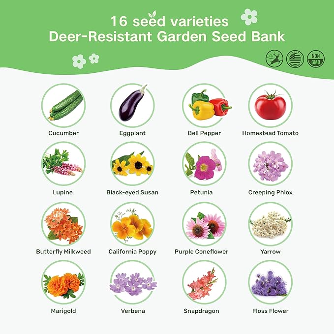 Lush&Dew Deer-Resistant Heirloom Seed Bank, Gardening Gifts for Women Men, 16 Varieties of Non-GMO Seeds for Planting Perennials Annuals Flowers, Pollinator Friendly Garden (USDA Zone 3-10)