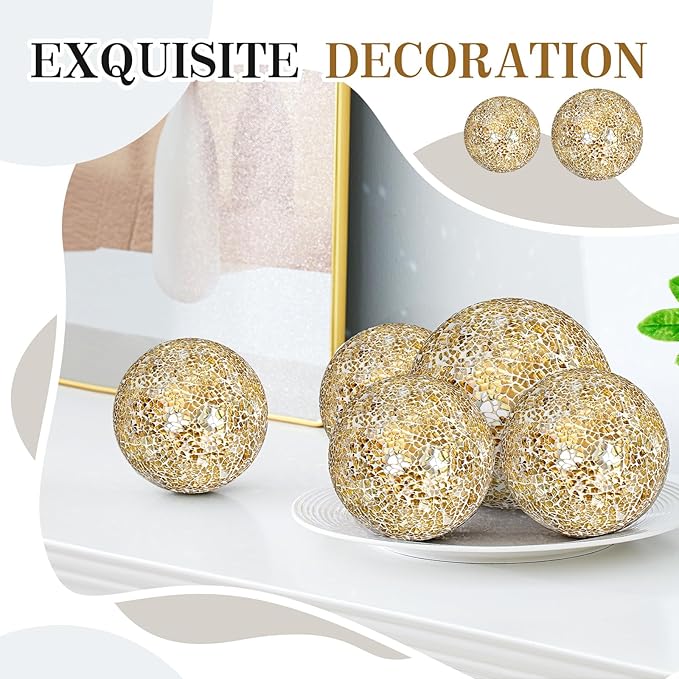 8 Pcs 3'' 4'' Decorative Ball for Centerpiece Bowls Glass Mosaic Sphere Decorative Orbs for Bowl Vase Fillers Christmas Wedding Party Dining Room Table Decor(Gold)