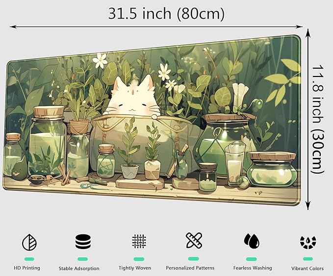 Cute Kawaii White Cat Anime Green Plant Leaves Desk Mat Large Mouse Pad Gaming Desk Pad, XL Extended Mousepad Desk Accessories for Women Office Decor Long Laptop Keyboard Mouse Mat 31.5x11.8 in