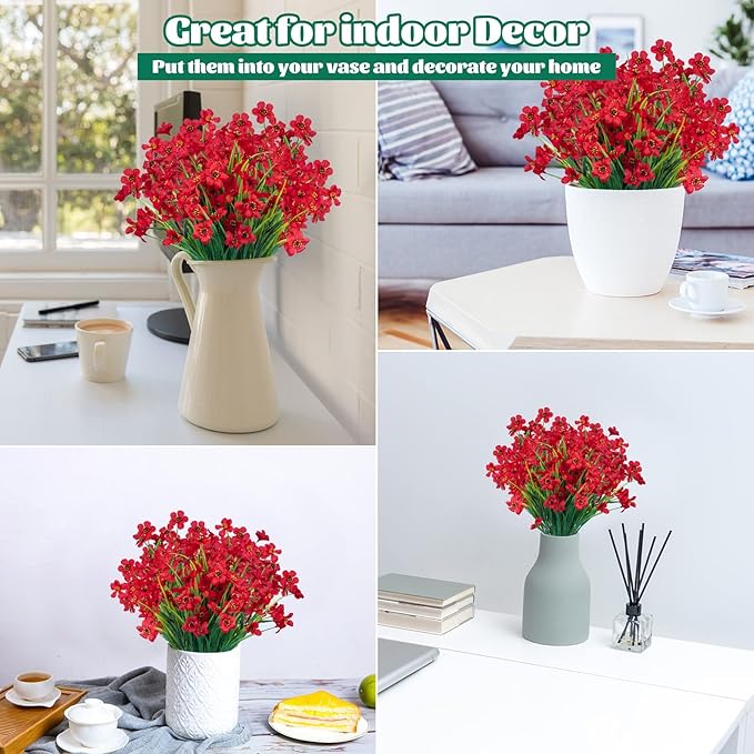 Lnoicy 24 Pcs Artificial Flowers for Outdoor,Plastic Flowers Decoration, UV Resistant Faux Flowers Shrubs, Artificial Plants for Indoor Outside Garden Home Wedding Farmhouse(Red)