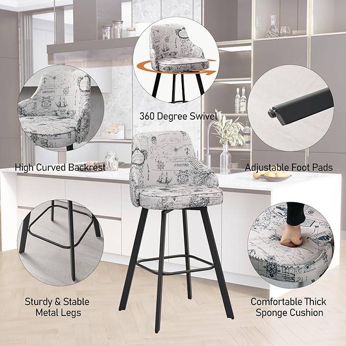Bar Stools Set of 3, 30" Swivel Bar Height Bar Stools with High Back, Linen Kitchen Barstool Bar Height for Kitchen Island (Beige (Nautical Print), 3PCS 30" Bar Stool)