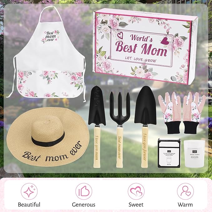 Gifts for Mom,7 Piece Womens Gardening Kit with Pink Gardening Tools,Straw Hat, Floral Gardening Apron and Gloves,Mothers Day Garden Gifts Pink