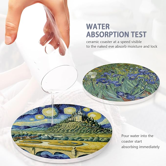 Drink Coasters Set of 6 with Holder, Van Gogh Style Absorbent Ceramic Coasters with Cork Base,Fit All Cups,Great Gift for Housewarming,Room Decor,Bar,Holiday Party
