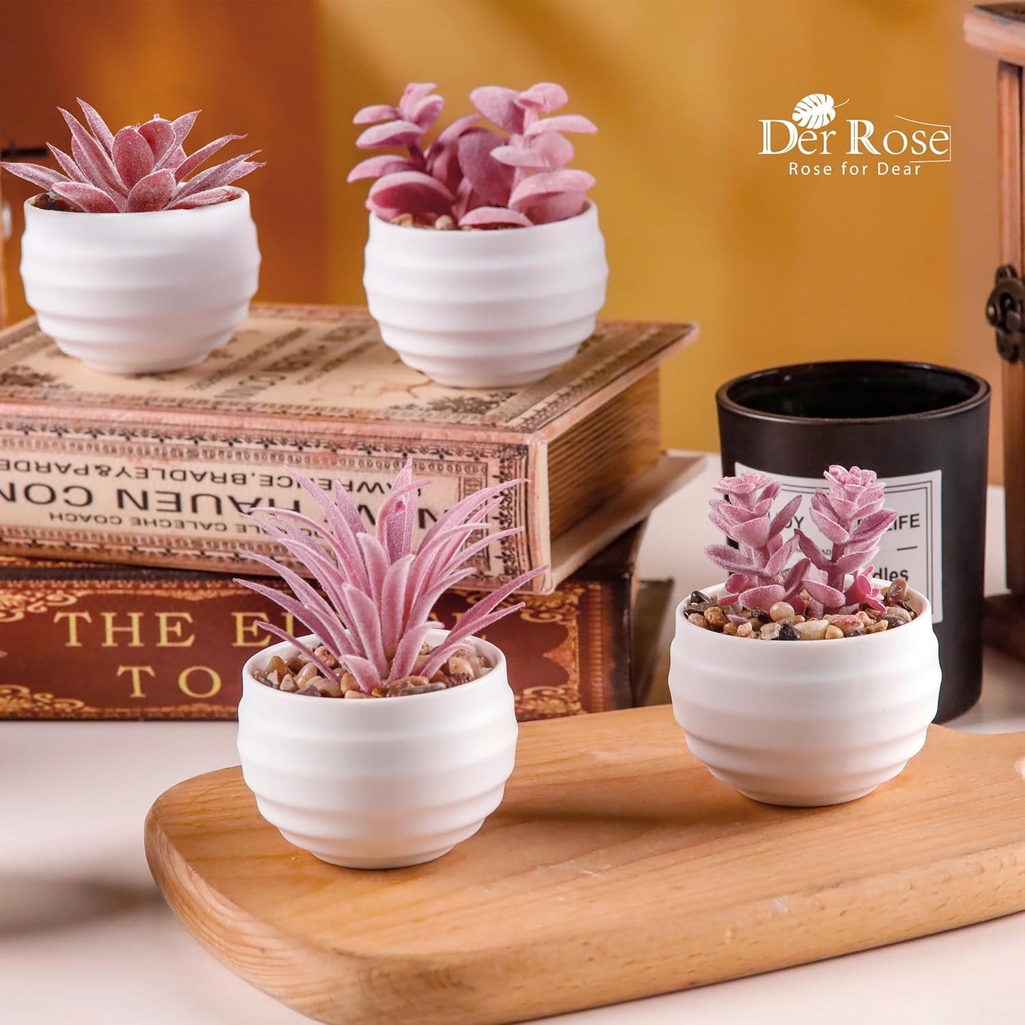 Der Rose Set of 6 Pink Succulents Plants Artificial in Pots Small Fake Plants for Girls Pink Room Decor Office Desk Accessories for Women