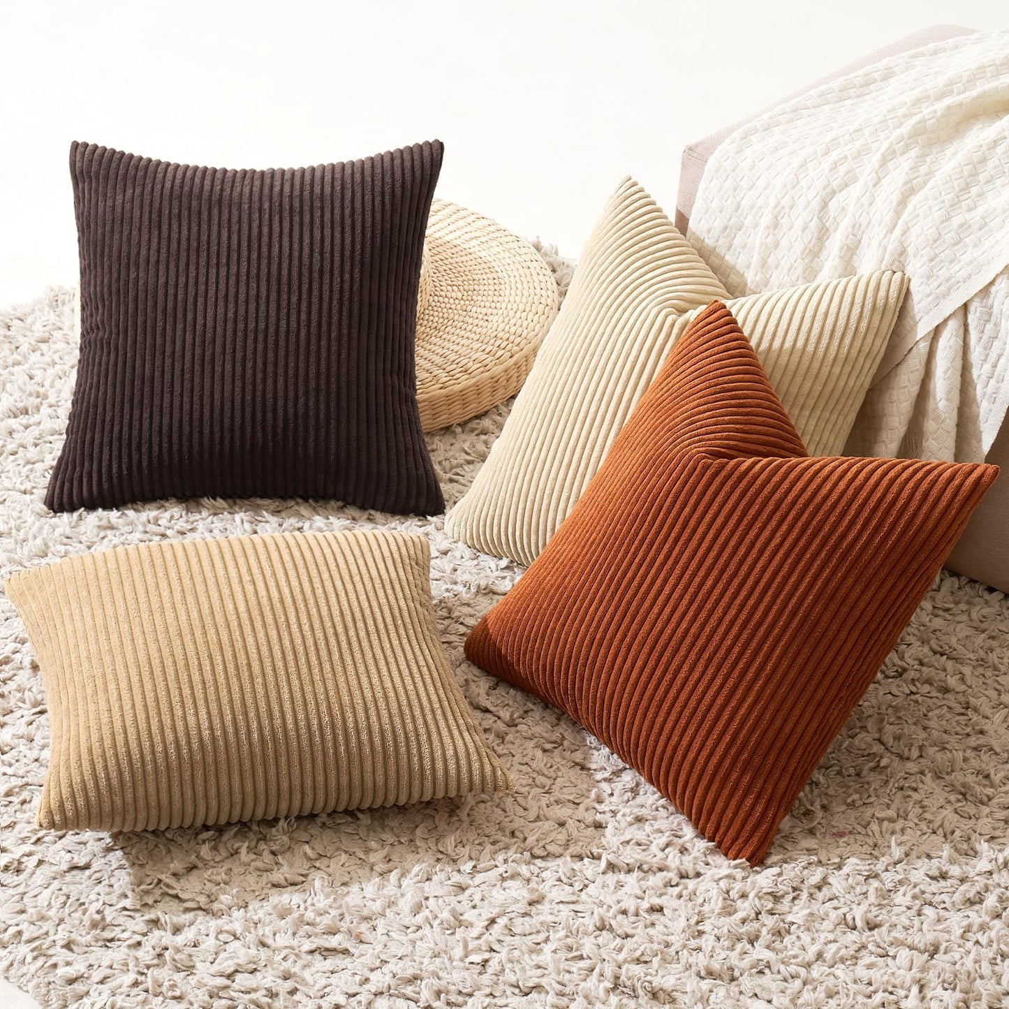 MIULEE Boho Farmhouse Throw Pillow Covers 18x18 Inch Set of 4 Rustic Mordern Neutral Cushion Covers Soft Corduroy Nordic Home Decor for Couch Bed Sofa Living Room Brown-Beige