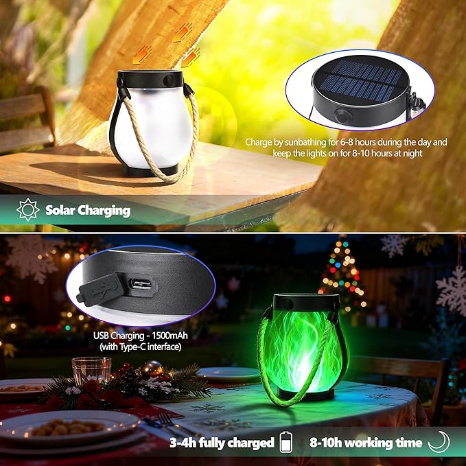 Christmas Solar Flame Lantern Hanging Outdoor Waterproof Purple - 2 Pack Flame Lanterns with Dual Charging Modes of Solar & USB for Garden or Yard Decorations (Green - 2 Pack)