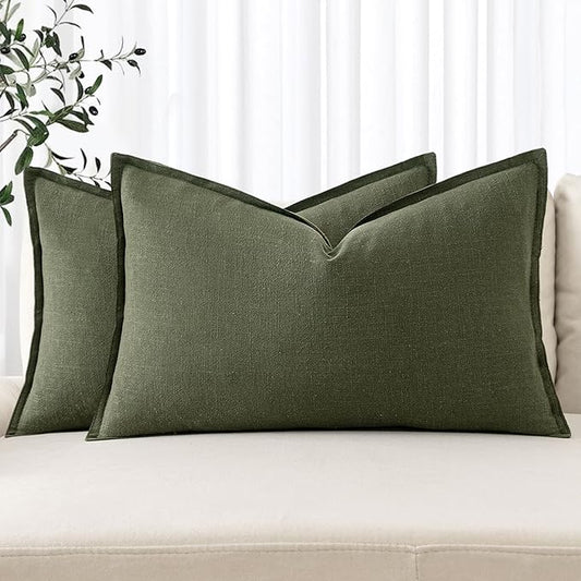 MIULEE Decorative Linen Lumbar Pillow Covers 12x20 Inch Dark Olive Green Boho Farmhouse Neutral Christmas Couch Throw Pillows for Bed Pack of 2 Accent Modern Pillowcase Sofa Livingroom Home Decor