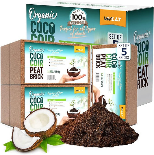 Coco Coir Bricks 5-Pack (650g Each) – Peat-Free Coconut Coir/Peat, Low EC & pH Balanced, High Expansion Seed Starter for Potting Mix, Hydroponics, Mushroom Substrate & Reptile Bedding