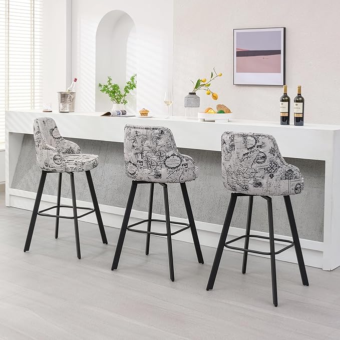 Bar Stools Set of 4, 30" Swivel Bar Height Barstools with High Back, Linen Kitchen Barstool Bar Height for Kitchen Island (Beige (Nautical Print), 4PCS 30" Bar Stools)
