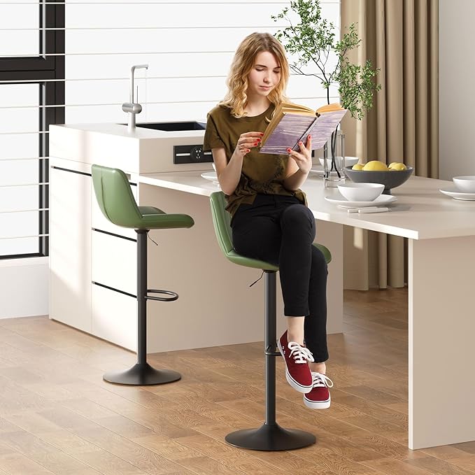 JAMFLY Bar Stools Set of 2, Swivel Bar Height Chairs Set of 2, Adjustable Tall Leather Bar Stools for Kitchen Island, Green