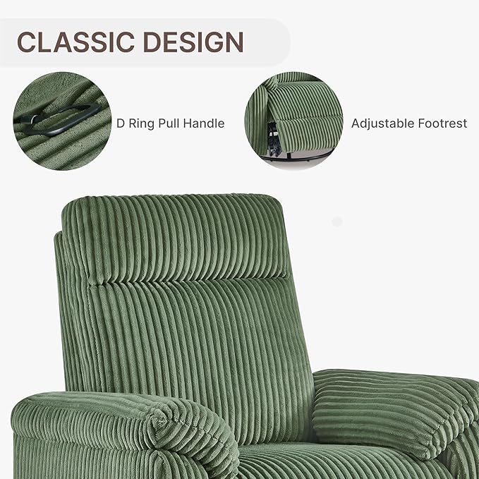 Swivel Rocker Recliner for Adults, Corduroy 360 Degree Swivel Glider Recliner Manual 3-Position Adjustable Easy Assembly for Small Space Living Room Nursery Bedroom
