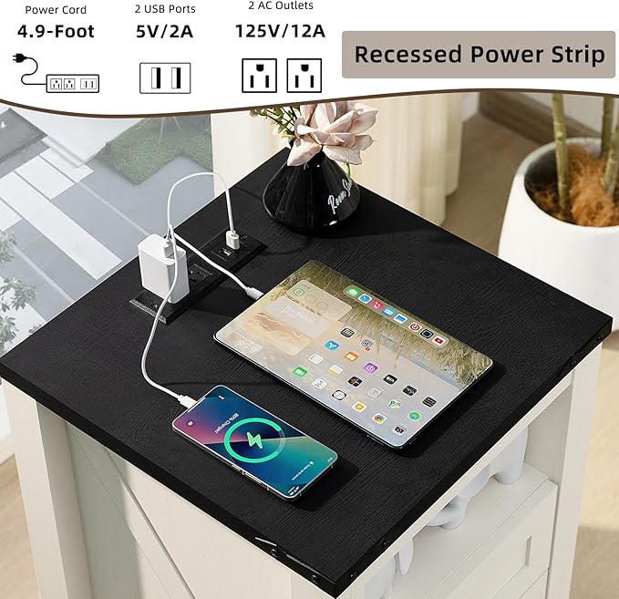 Night Stands with Charging Station Set of 2, Farmhouse Nightstand, White Wooden Bedside End Tables with 2 Drawers and Open Shelf, Bed Side Table for Bedroom, Living Room, Closet, Office