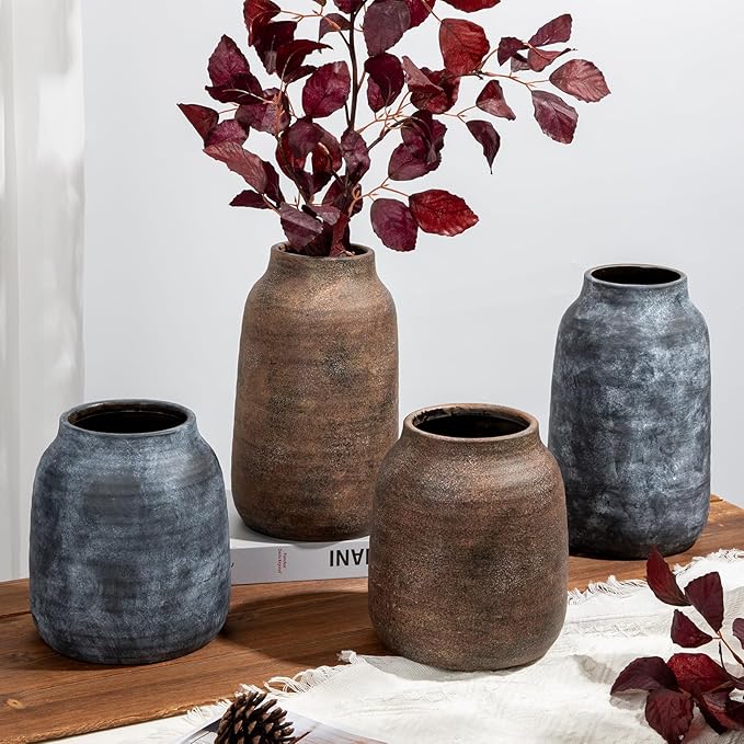 Briful 8.3in Rustic Large Ceramic Vase, Vintage Farmhouse Terra Cotta Pottery Pampas Vases for Home Living Room Kitchen Decor, LightSlateGray