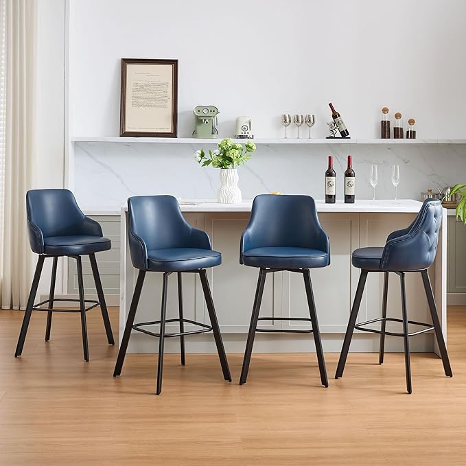 Bar Stools Set of 4, 30" Swivel Bar Height Bar stools with High Back, Faux Leather Kitchen Barstools Bar Height for Kitchen Island (Navy Blue, 4PCS 30" Bar Stools)
