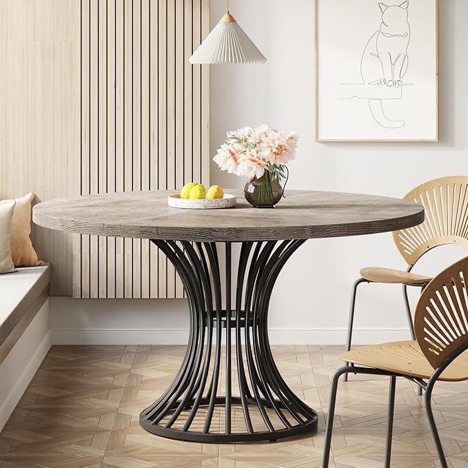 Tribesigns Round Dining Table, 47-Inch Farmhouse Dinning Room Table, Industrial Dinner Table with Metal Base, Grey