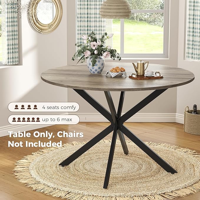 Unovivy 47" Round Dining Table for 4-6, Space Saving Circle Kitchen Dinner Table, Industrial Mid Century Modern Dining Room Desk for Kitchen, Apartment, Light Ivory