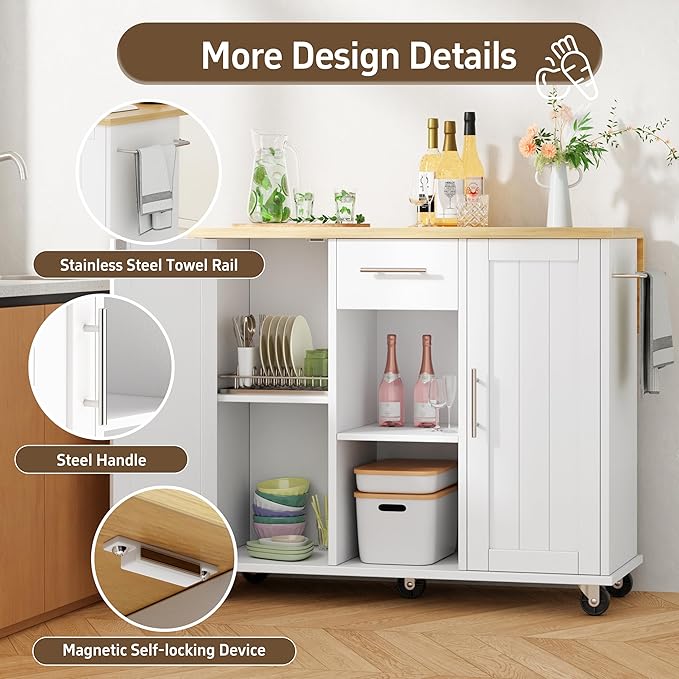 Shintenchi Kitchen Island with Storage, Bar Cart Cabinet Island Table on Wheels, Rolling Microwave Cart for Kitchen with Drop Leaf, Drawers, Towel Rack, Seating Area for Dining Room, White