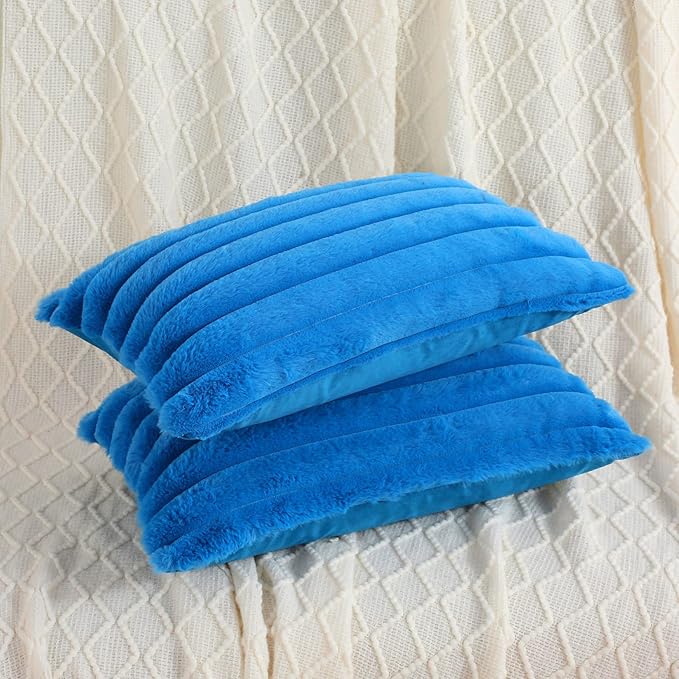 FUTEI Royal Blue Striped Decorative Throw Pillow Covers 12x20 Inch Set of 2,Rectangle Fall Decorations Couch Lumbar Pillowcase,Soft Cozy Faux Rabbit Fur & Velvet Back,Modern Home Decor for Bed