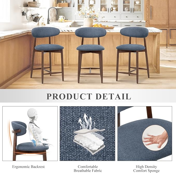 COLAMY Bar Stools Set of 6, Counter Height Bar Stools, Upholstered Counter Stools with Wood Legs for Kitchen Island Dining Room Bar, Blue