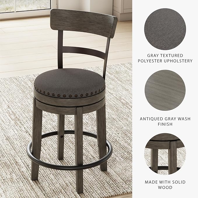 Signature Design by Ashley Caitbrook 24" Farmhouse Counter Height Upholstered Swivel Barstool, Gray