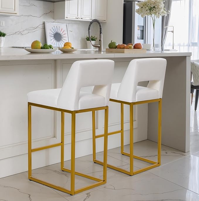 White and Gold Counter Height Bar Stools Set of 2 for Kitchen Counter Modern Bar Chairs with Backs for Kitchen Island with Upholstered Faux Leather Seat and Metal Frame, 26 Inch