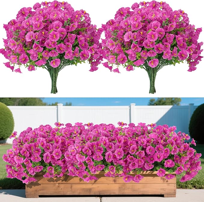 12 Bundles Artificial Flowers for Outdoors Decorations, Fake Flowers Artificial Plants Outdoor, Colorful Faux Morning Glory Realistic UV Resistant for Garden Patio Porch Home Decor (Rosered)