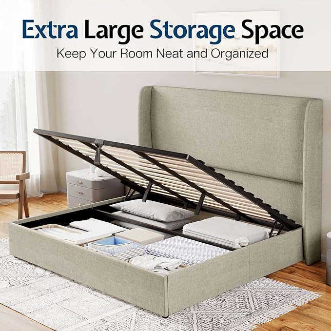 Jocisland King Size Bed Frame with Lift Storage Bed Linen Platform Bed with Wingback Headboard/Hydraulic Storage/No Box Spring Needed/Wood Slats Support/Khaki
