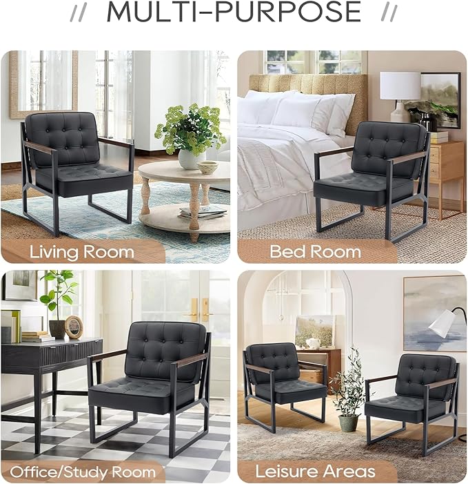 COLAMY Mid Century Modern Accent Chair Set of 2, Comfy Living Room Chair, Black Leather Accent Chair, Faux Leather Reception Armchair with Metal Legs for Living Room Bedroom Reception Office, Black
