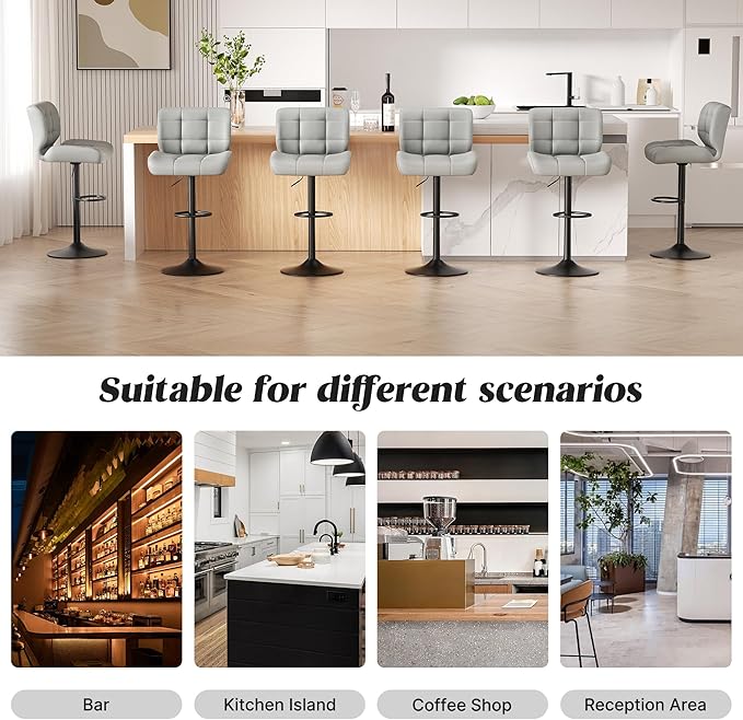 Modern Bar Stools, Faux Leather Upholstered Swivel Bar Stools, Adjustable Counter Height Bar Chairs with High Back and Footrest for Kitchen Island (Light Grey)